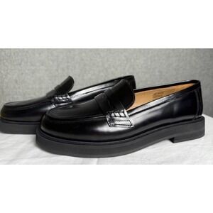 NWOB Flattered Sara Leather Penny Loafers Black Chunky Heel‎ Women's 37 6.5
